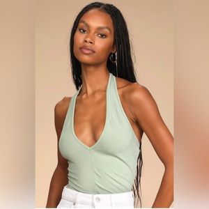 Lulu’s Sage Green Ribbed Halter Bodysuit
